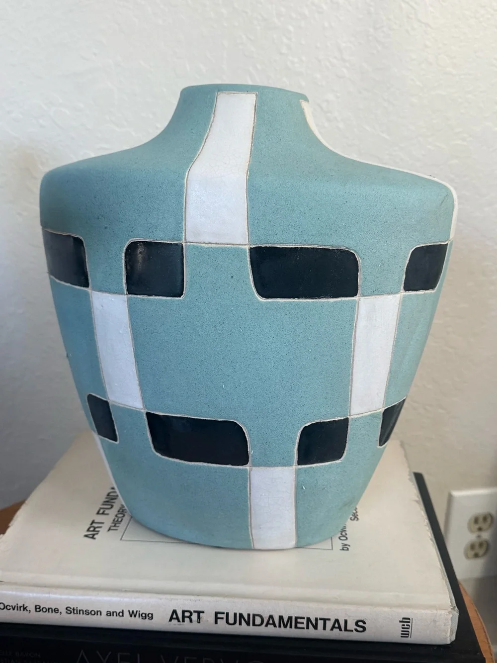 Large Vintage Architectural Studio Pottery Vessel in Black, White Celadon